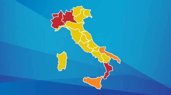 mappa dell'italia con zone colorate contagio covid